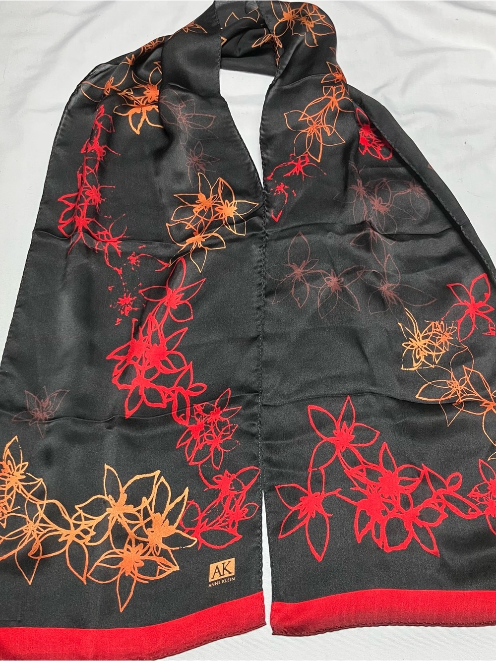 VTG Silk Anne Klein Black Abstract Floral Scarf Rectangle 10 X 58in NWT - Picture 3 of 5
